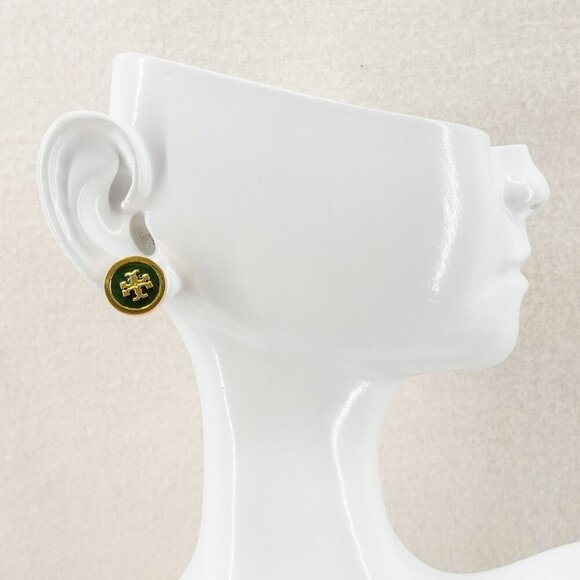 Tory Burch Kira Enamel Circle Stud Earrings Green/Tory Gold OS - Picture 11 of 12